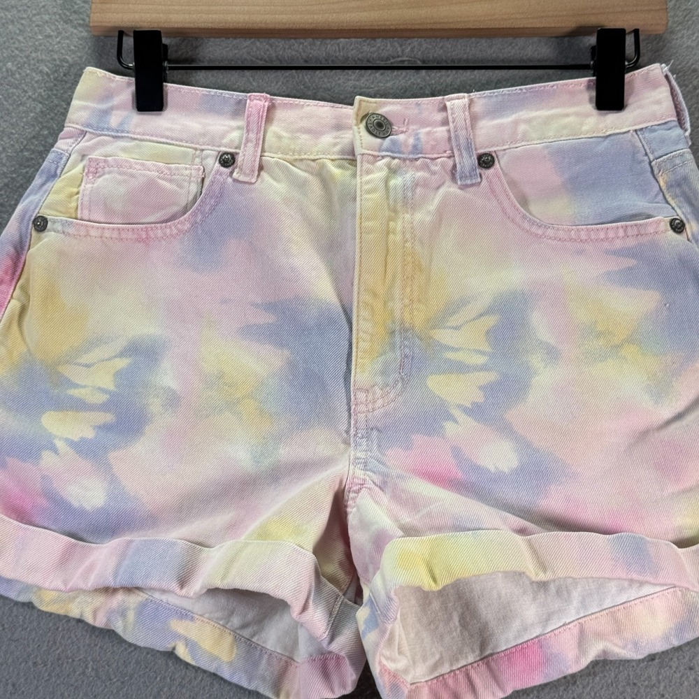 American Eagle Cuff Mom Jeans Shorts Womens 6 Multicolor Pastel Tie Dye Denim 3"